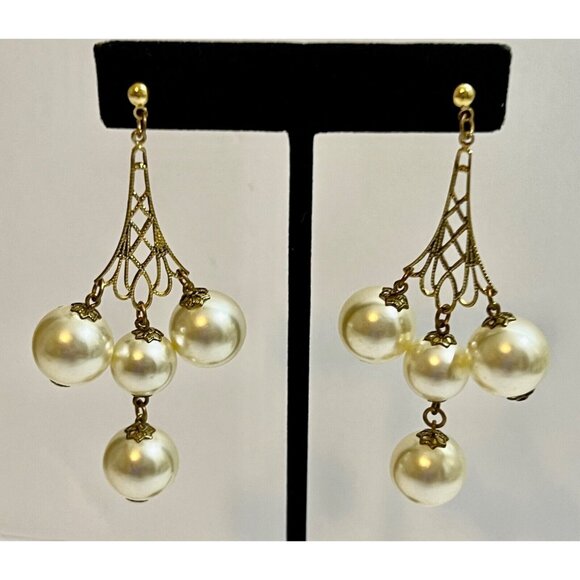 Extra Large Gold Tone Faux Pearl Chandelier Statement Runway Earrings Pierced 3" - Picture 1 of 4